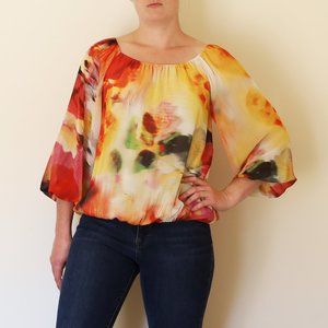 Alice and Olivia Flame Colored Abstract Print Balloon Sleeve Blouse